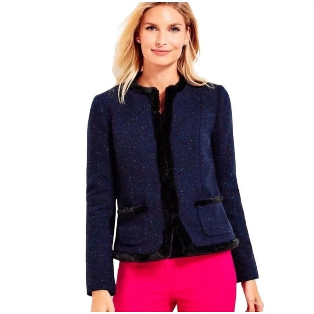 Talbots‎ Women's 12 Wool Blend Jacket Blazer Faux Fur Trimmed Navy Speckled